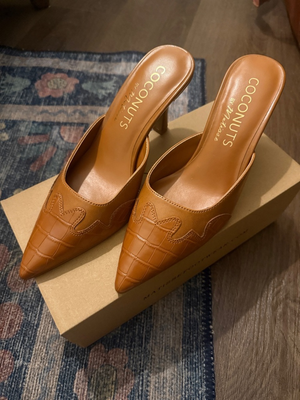 Coconuts by Matisse Cognac Croc-Embossed Pointed Mules